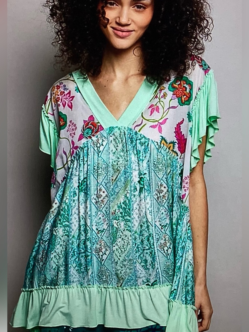 POL Floral and Paisley Design V-Neck Ruffle Sleeve Flowy Top